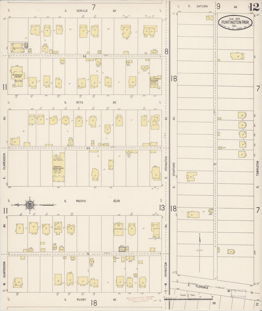 Sanborn Fire Insurance Map from Huntington Park, Los Angeles County, California (1916), Sheet #0012 - Historic Sanborn Fire Insurance Map Print, vintage old map wall art, antique decor, genealogy gift, California California map