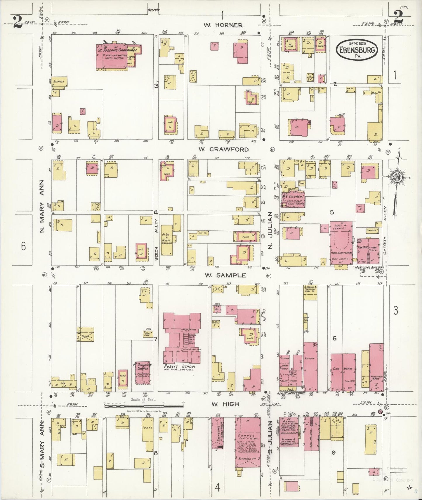 Sanborn Fire Insurance Map from Ebensburg, Cambria County, Pennsylvania (1923), Sheet #0002 - Historic Sanborn Fire Insurance Map Print, vintage old map wall art, antique decor, genealogy gift, Pennsylvania Pennsylvania map