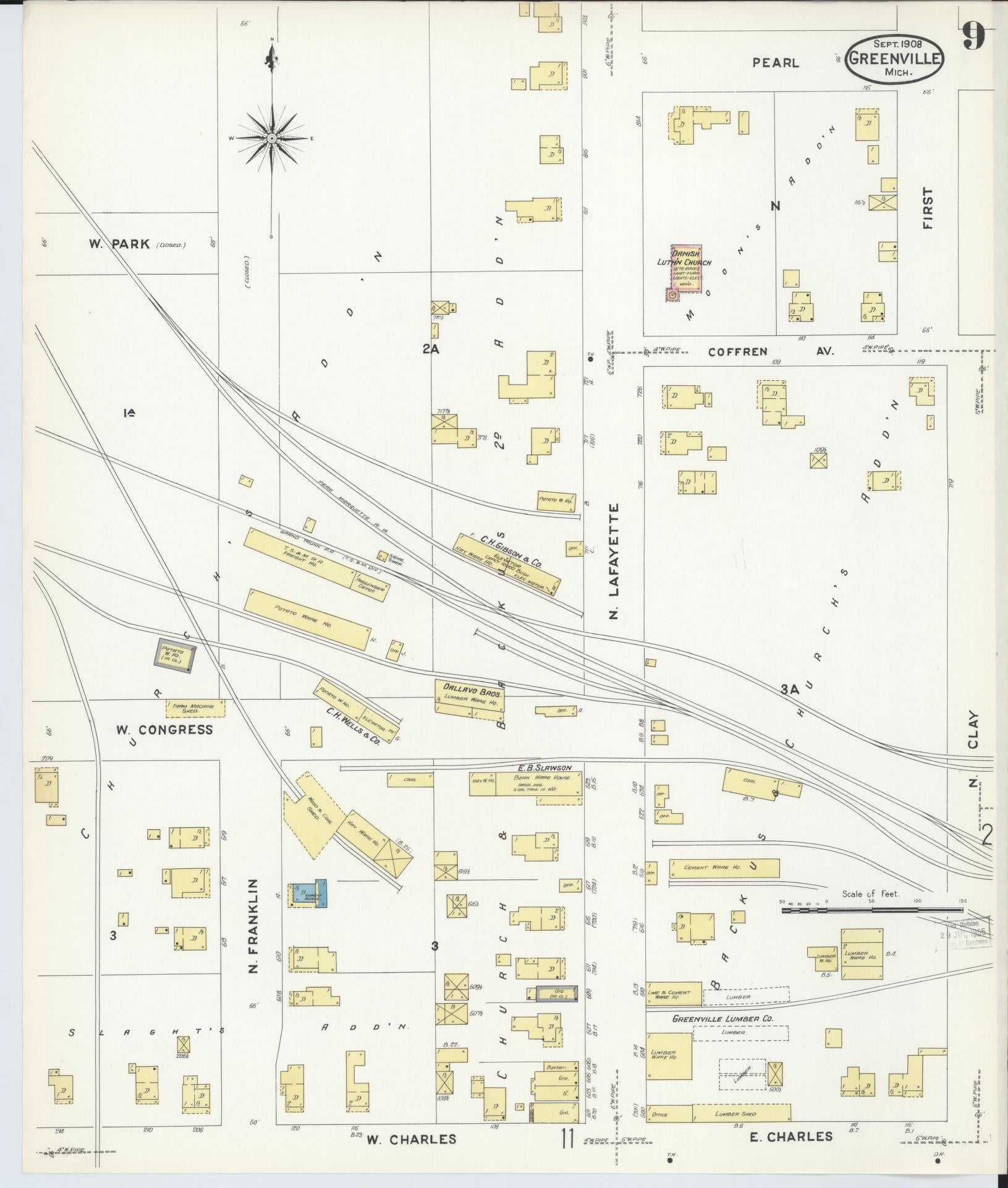 Sanborn Fire Insurance Map from Greenville, Montcalm County, Michigan (1908), Sheet #0009 - Historic Sanborn Fire Insurance Map Print, vintage old map wall art, antique decor, genealogy gift, Michigan Michigan map