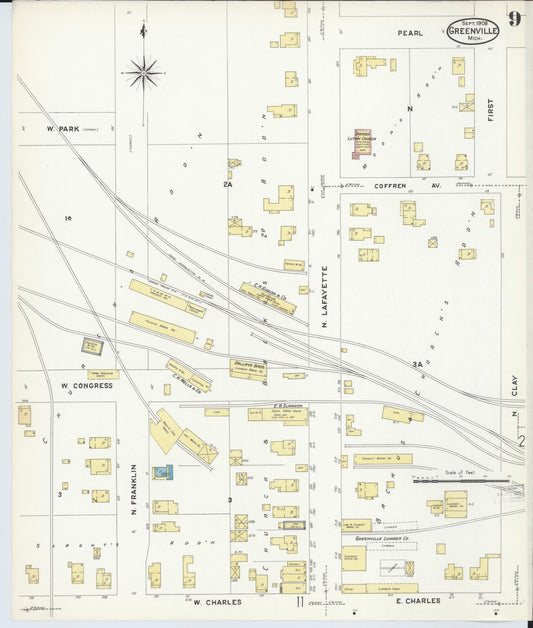 Sanborn Fire Insurance Map from Greenville, Montcalm County, Michigan (1908), Sheet #0009 - Historic Sanborn Fire Insurance Map Print, vintage old map wall art, antique decor, genealogy gift, Michigan Michigan map