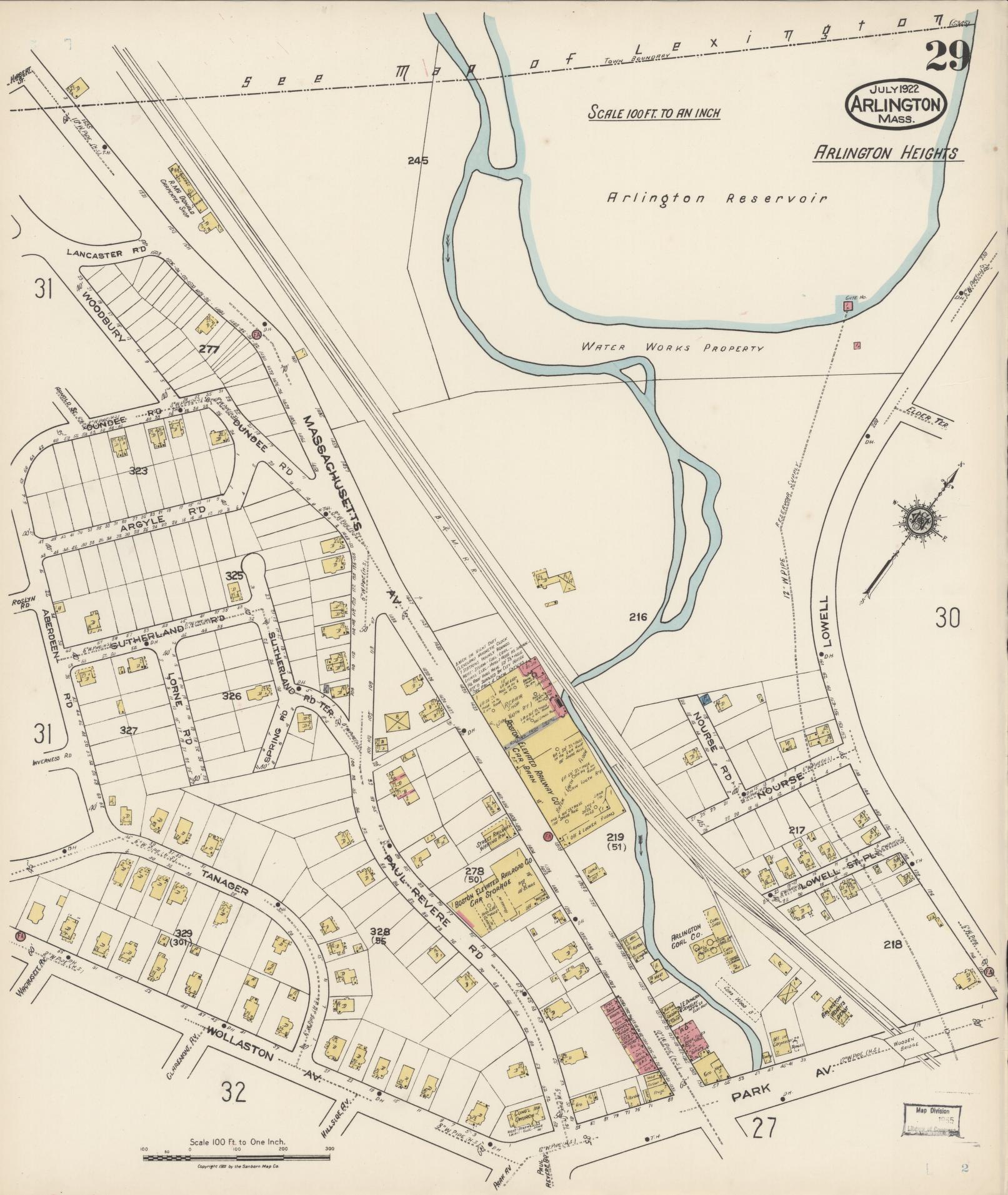Sanborn Fire Insurance Map from Arlington, Middlesex County, Massachusetts (1922), Sheet #0029 - Historic Sanborn Fire Insurance Map Print, vintage old map wall art, antique decor, genealogy gift, Massachusetts Massachusetts map