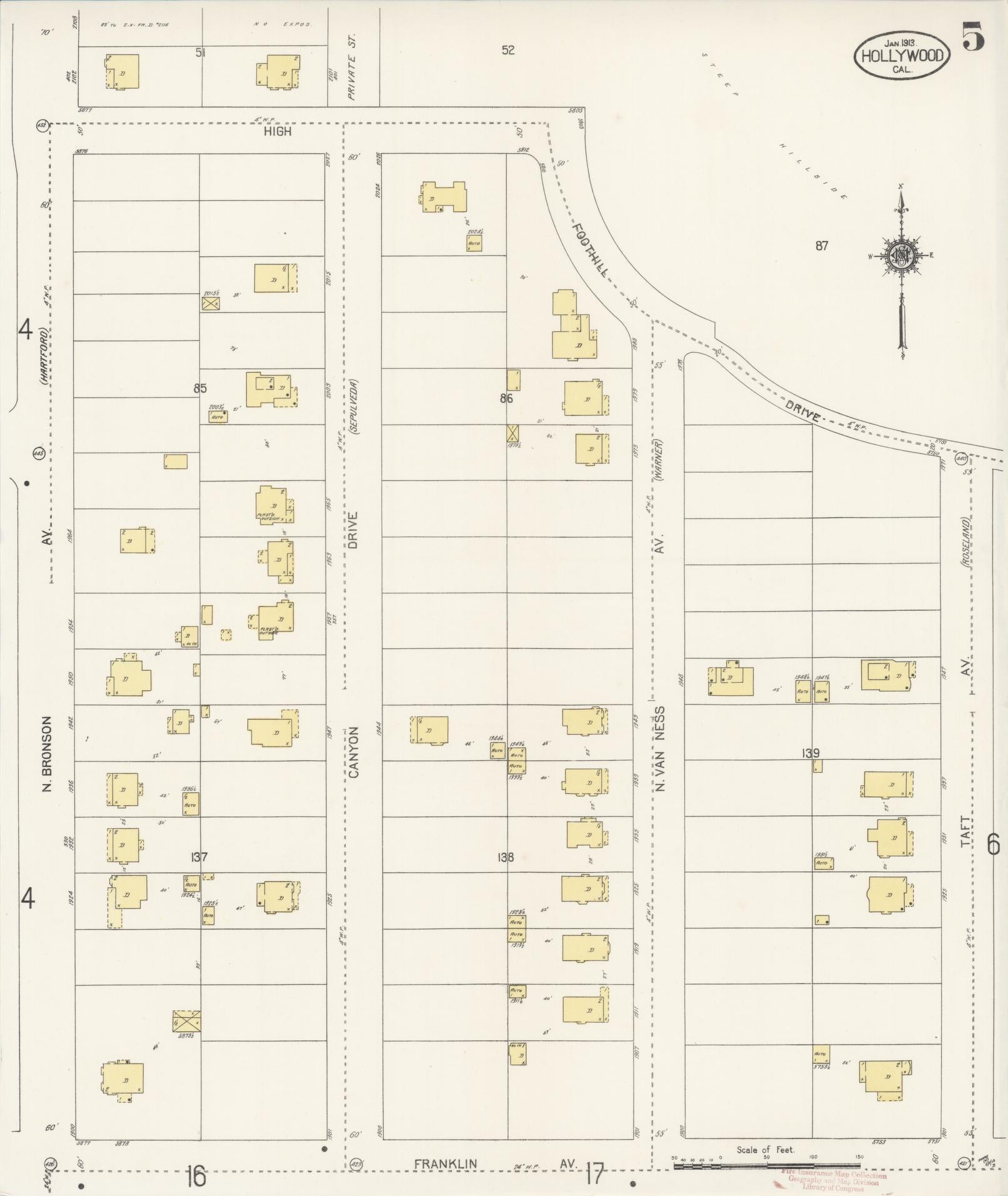 Sanborn Fire Insurance Map from Hollywood, Los Angeles County, California (1913), Sheet #0005 - Historic Sanborn Fire Insurance Map Print, vintage old map wall art, antique decor, genealogy gift, California California map