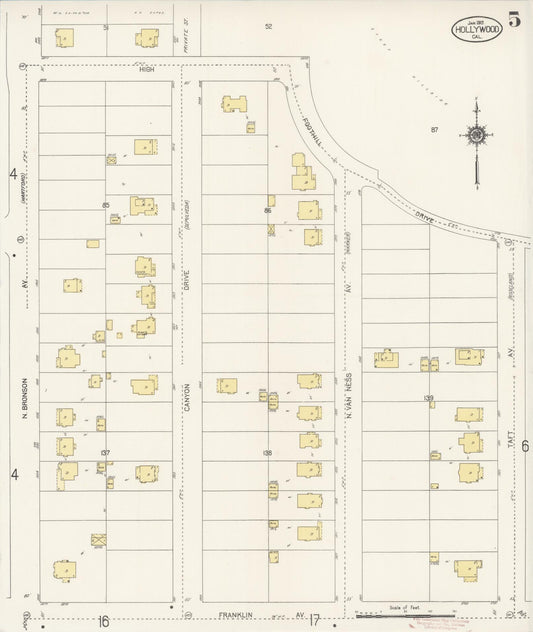 Sanborn Fire Insurance Map from Hollywood, Los Angeles County, California (1913), Sheet #0005 - Historic Sanborn Fire Insurance Map Print, vintage old map wall art, antique decor, genealogy gift, California California map