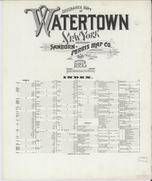 Sanborn Fire Insurance Map from Watertown, Jefferson County, New York (1895), Sheet #0001 - Historic Sanborn Fire Insurance Map Print, vintage old map wall art, antique decor, genealogy gift, New York New York map