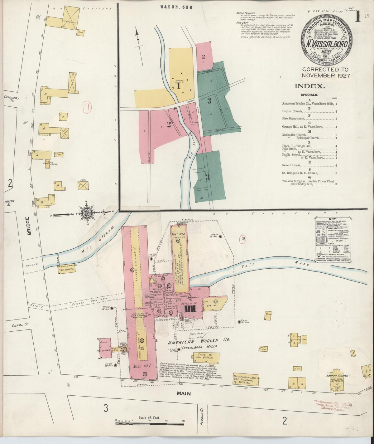 Sanborn Fire Insurance Map from North Vassalboro, Kennebec County, Maine (1927), Sheet #0001 - Complete Map Set gallery image, historic Sanborn map, vintage wall art, Maine Maine