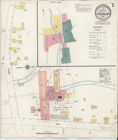 Sanborn Fire Insurance Map from North Vassalboro, Kennebec County, Maine (1927), Sheet #0001 - Complete Map Set gallery image, historic Sanborn map, vintage wall art, Maine Maine