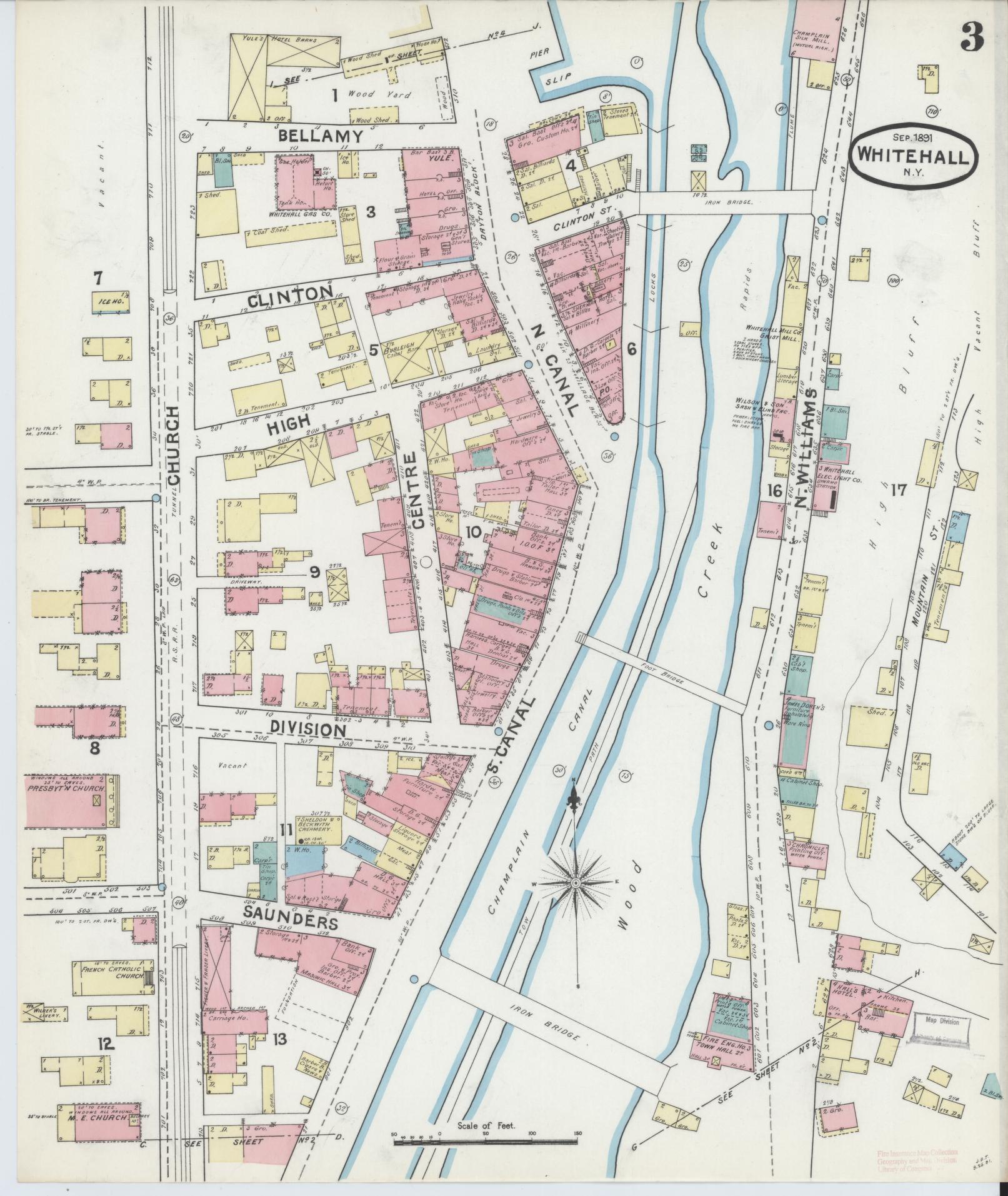 Sanborn Fire Insurance Map from Whitehall, Washington County, New York (1891), Sheet #0003 - Historic Sanborn Fire Insurance Map Print, vintage old map wall art, antique decor, genealogy gift, New York New York map