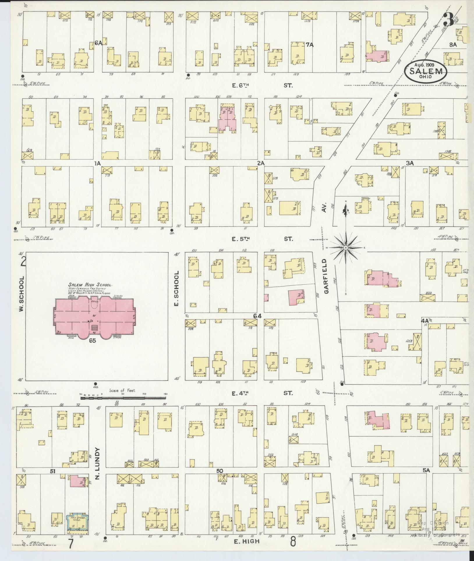 Sanborn Fire Insurance Map from Salem, Columbiana County, Ohio (1909), Sheet #0003 - Historic Sanborn Fire Insurance Map Print, vintage old map wall art, antique decor, genealogy gift, Ohio Ohio map