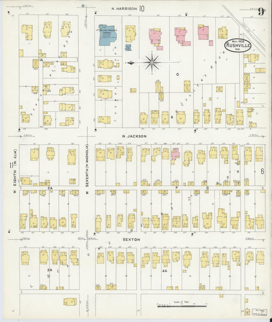 Sanborn Fire Insurance Map from Rushville, Rush County, Indiana (1908), Sheet #0009 - Historic Sanborn Fire Insurance Map Print, vintage old map wall art, antique decor, genealogy gift, Indiana Indiana map