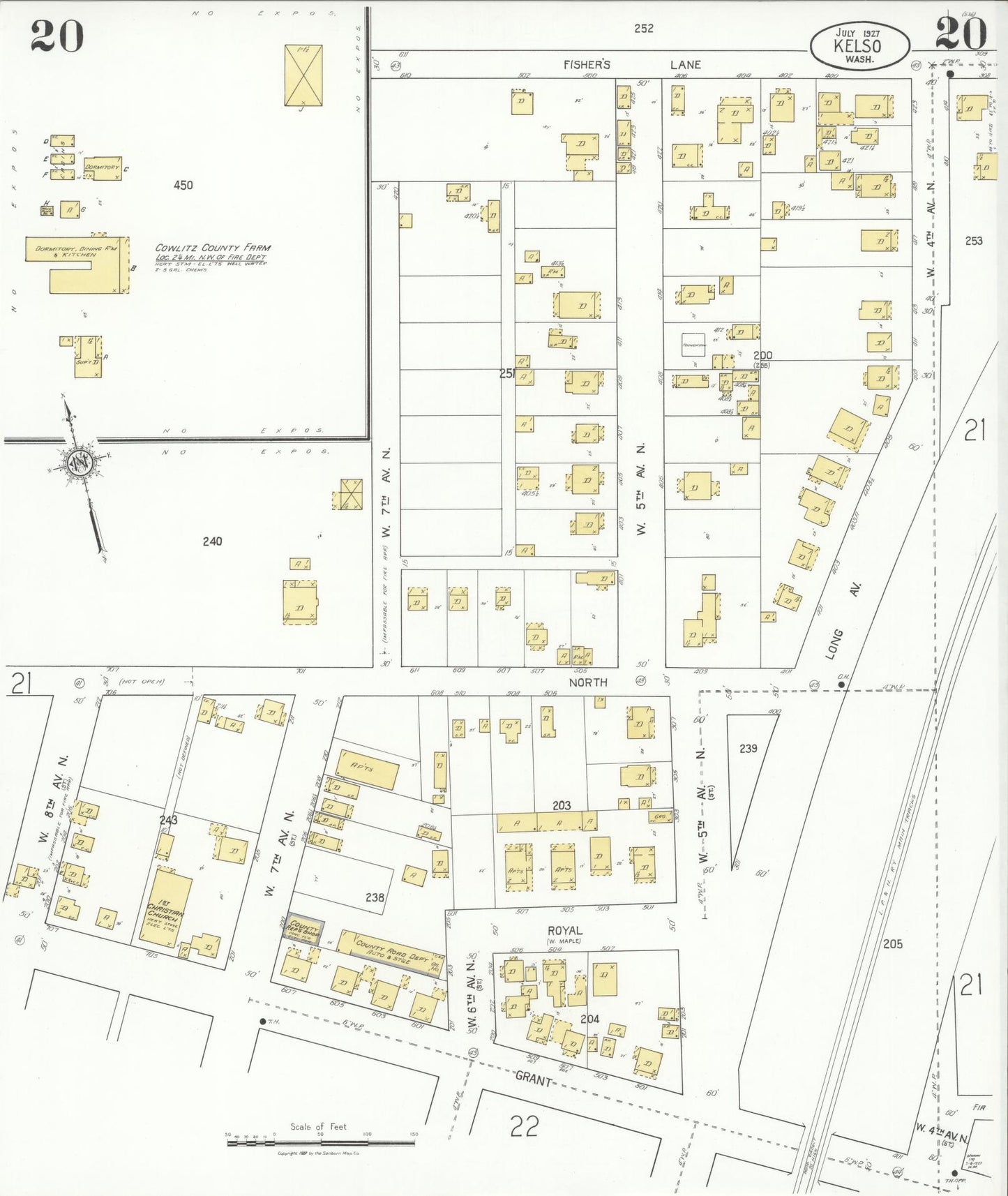 Sanborn Fire Insurance Map from Kelso, Cowlitz County, Washington (1927), Sheet #0020 - Complete Map Set gallery image, historic Sanborn map, vintage wall art, Washington Washington