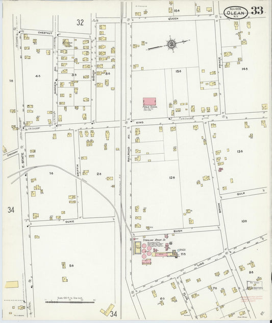 Sanborn Fire Insurance Map from Olean, Cattaraugus County, New York (1909), Sheet #0033 - Historic Sanborn Fire Insurance Map Print, vintage old map wall art, antique decor, genealogy gift, New York New York map