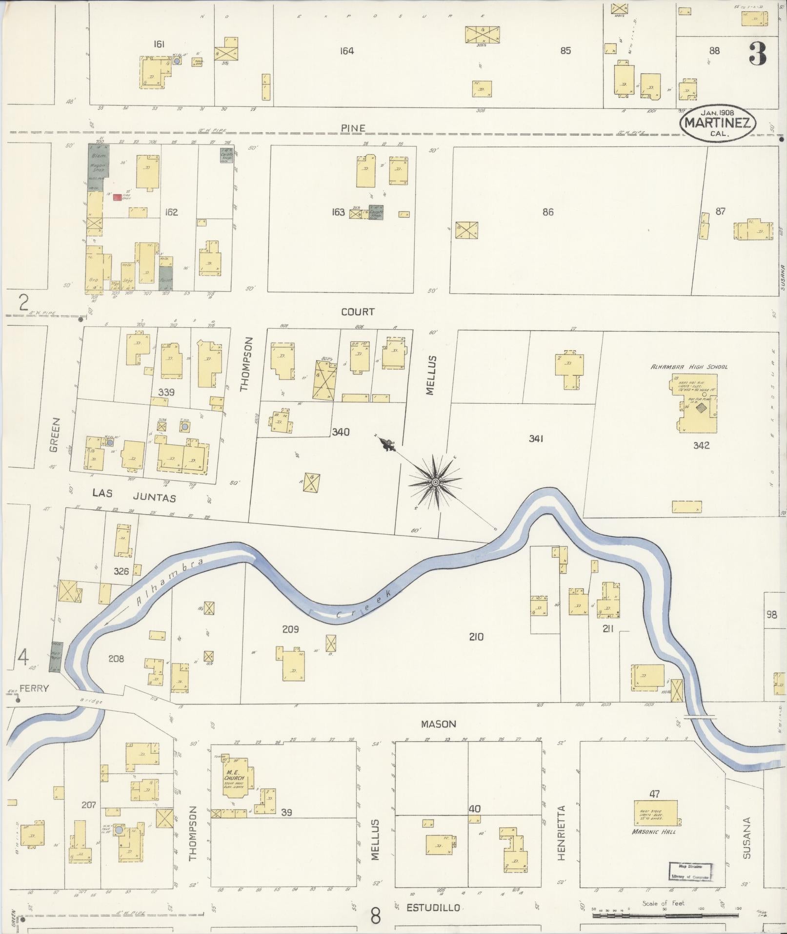 Sanborn Fire Insurance Map from Martinez, Contra Costa County, California (1908), Sheet #0003 - Historic Sanborn Fire Insurance Map Print, vintage old map wall art, antique decor, genealogy gift, California California map