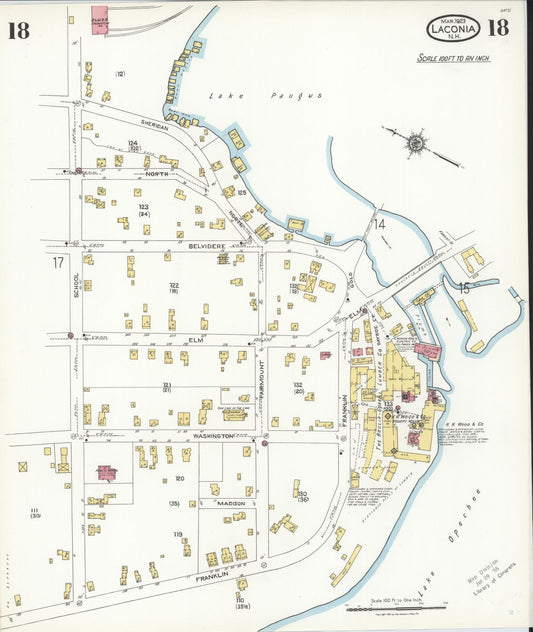 Sanborn Fire Insurance Map from Laconia, Belknap County, New Hampshire (1923), Sheet #0018 - Historic Sanborn Fire Insurance Map Print, vintage old map wall art, antique decor, genealogy gift, New Hampshire New Hampshire map