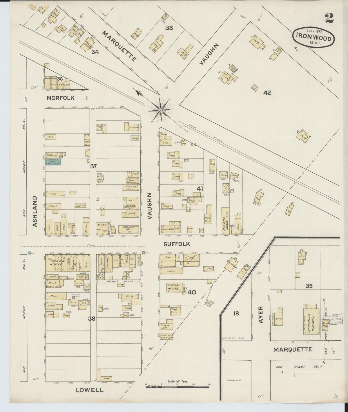 Sanborn Fire Insurance Map from Ironwood, Gogebic County, Michigan (1888), Sheet #0002 - Historic Sanborn Fire Insurance Map Print, vintage old map wall art, antique decor, genealogy gift, Michigan Michigan map