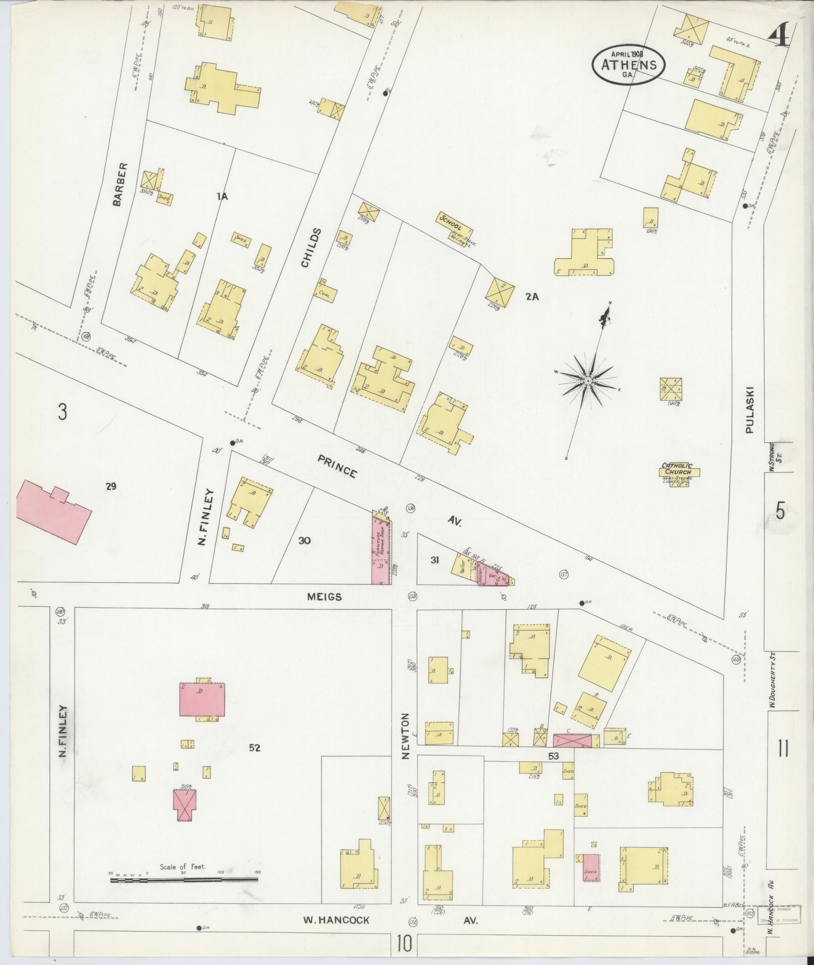 Sanborn Fire Insurance Map from Athens, Clarke County, Georgia (1908), Sheet #0004 - Historic Sanborn Fire Insurance Map Print, vintage old map wall art, antique decor, genealogy gift, Georgia Georgia map