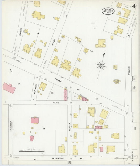 Sanborn Fire Insurance Map from Athens, Clarke County, Georgia (1908), Sheet #0004 - Historic Sanborn Fire Insurance Map Print, vintage old map wall art, antique decor, genealogy gift, Georgia Georgia map