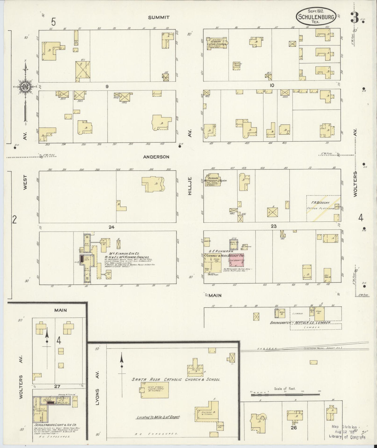 Sanborn Fire Insurance Map from Schulenburg, Fayette County, Texas (1912), Sheet #0003 - Complete Map Set gallery image, historic Sanborn map, vintage wall art, Texas Texas