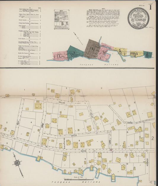 ketchikan census division, Alaska - 1914 - Sanborn Fire Insurance Map, Sheet 0001 - Historic Sanborn Fire Insurance Map Print, ketchikan census division Alaska 1914 0001 vintage old map wall art