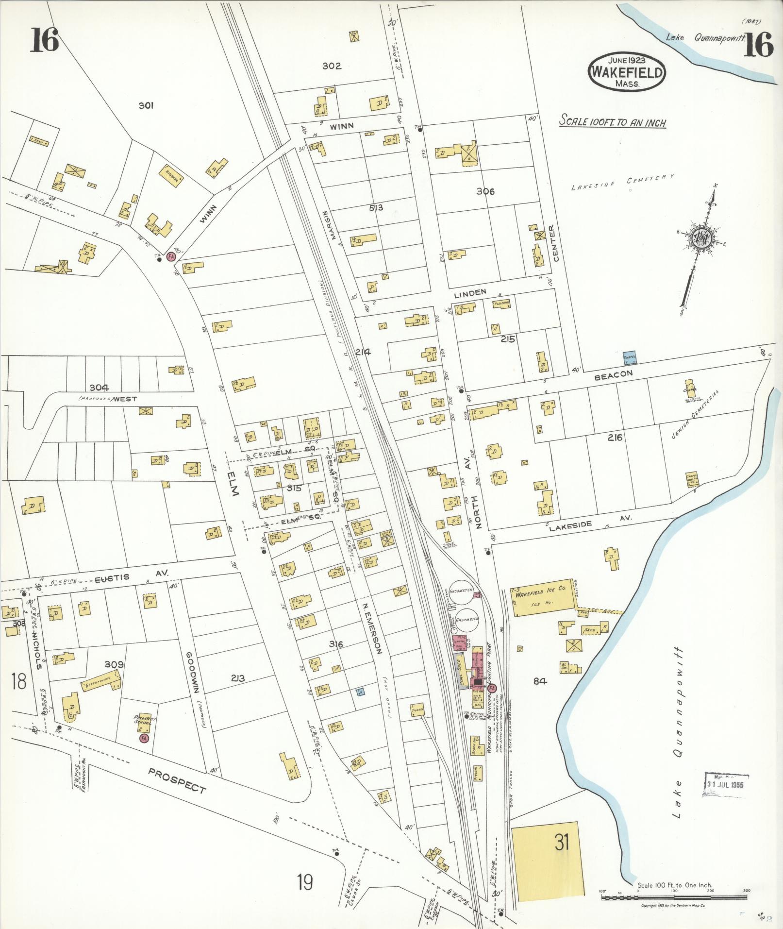 Sanborn Fire Insurance Map from Wakefield, Middlesex County, Massachusetts (1923), Sheet #0016 - Complete Map Set gallery image, historic Sanborn map, vintage wall art, Massachusetts Massachusetts