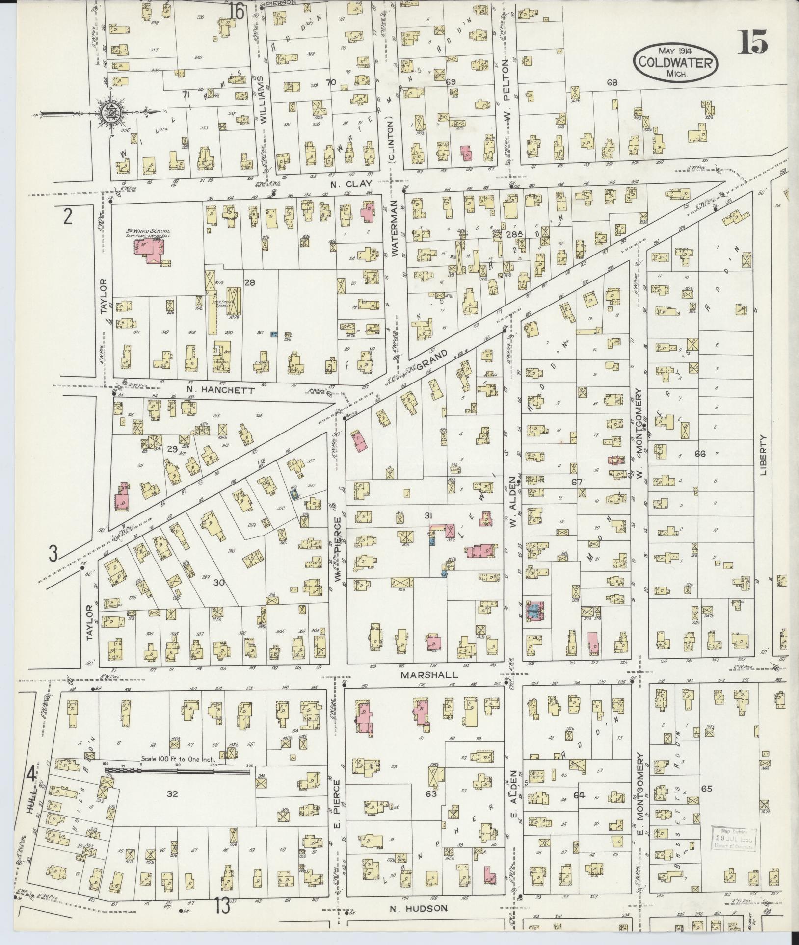Sanborn Fire Insurance Map from Coldwater, Branch County, Michigan (1914), Sheet #0015 - Historic Sanborn Fire Insurance Map Print, vintage old map wall art, antique decor, genealogy gift, Michigan Michigan map