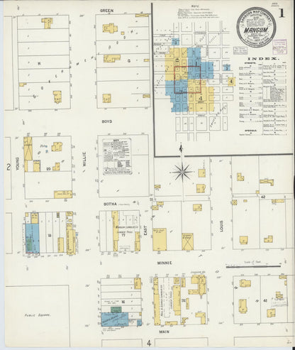Sanborn Fire Insurance Map from Mangum, Greer County, Oklahoma (1904), Sheet #0001 - Complete Map Set gallery image, historic Sanborn map, vintage wall art, Oklahoma Oklahoma