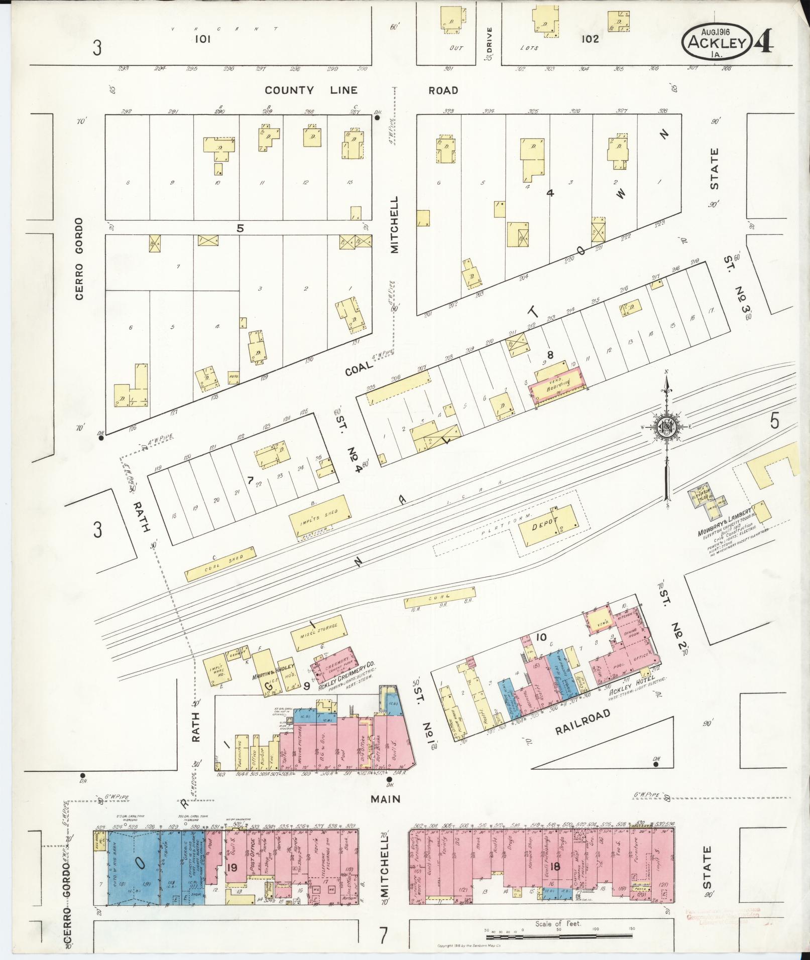 Sanborn Fire Insurance Map from Ackley, Hardin and Franklin Counties, Iowa (1916), Sheet #0004 - Historic Sanborn Fire Insurance Map Print, vintage old map wall art