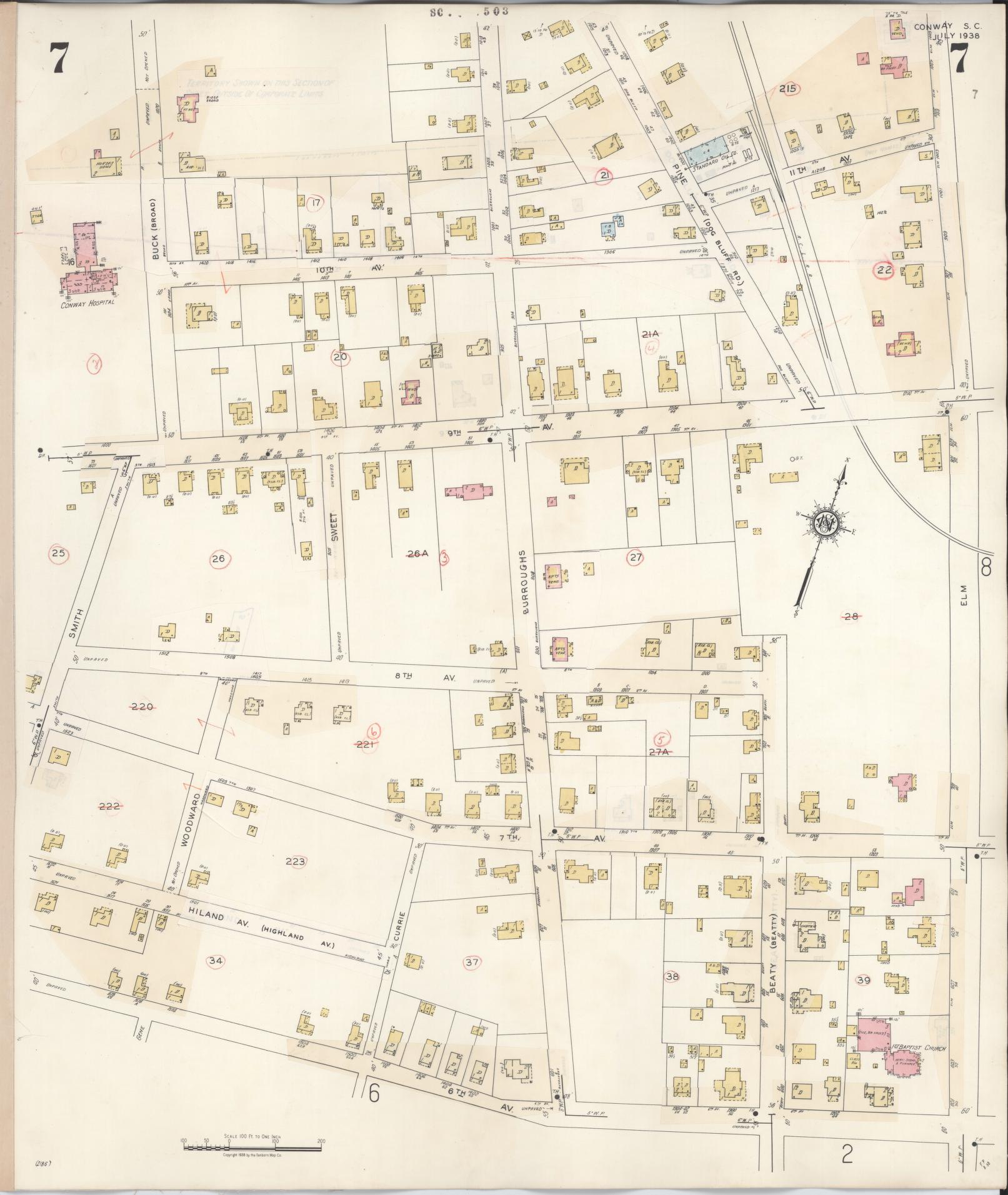 Sanborn Fire Insurance Map from Conway, Horry County, South Carolina (1949), Sheet #0007 - Historic Sanborn Fire Insurance Map Print, vintage old map wall art, antique decor, genealogy gift, South Carolina South Carolina map