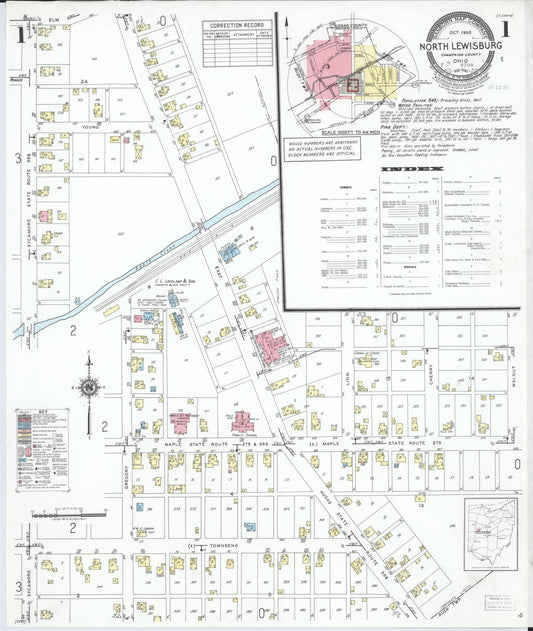 Sanborn Fire Insurance Map from North Lewisburg, Champaign County, Ohio (1950), Sheet #0001 - Historic Sanborn Fire Insurance Map Print, vintage old map wall art, antique decor, genealogy gift, Ohio Ohio map