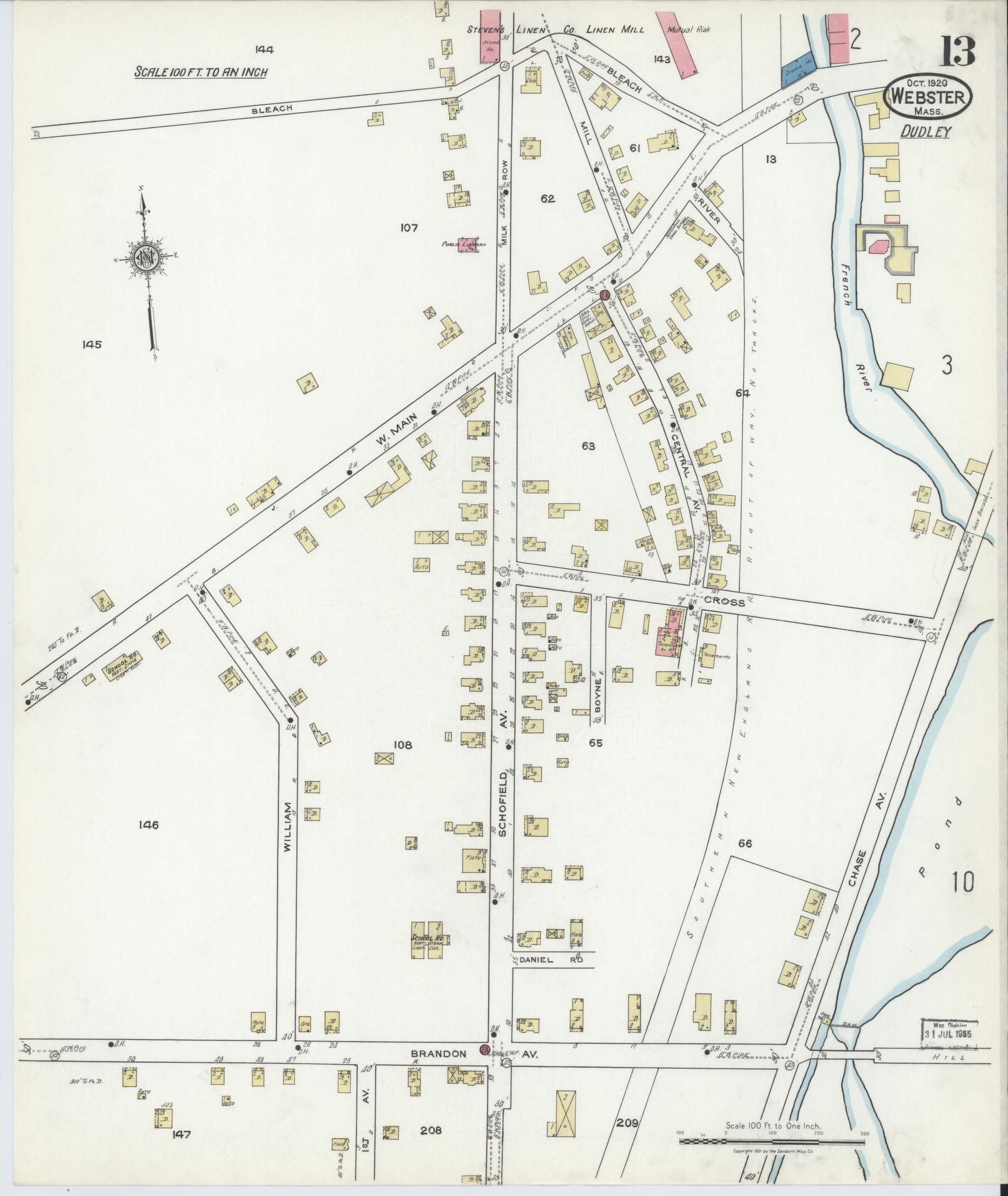 Sanborn Fire Insurance Map from Webster, Worcester County, Massachusetts (1920), Sheet #0013 - Historic Sanborn Fire Insurance Map Print, vintage old map wall art, antique decor, genealogy gift, Massachusetts Massachusetts map