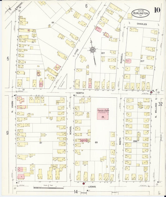 Sanborn Fire Insurance Map from Burlington, Chittenden County, Vermont (1912), Sheet #0010 - Historic Sanborn Fire Insurance Map Print, vintage old map wall art, antique decor, genealogy gift, Vermont Vermont map