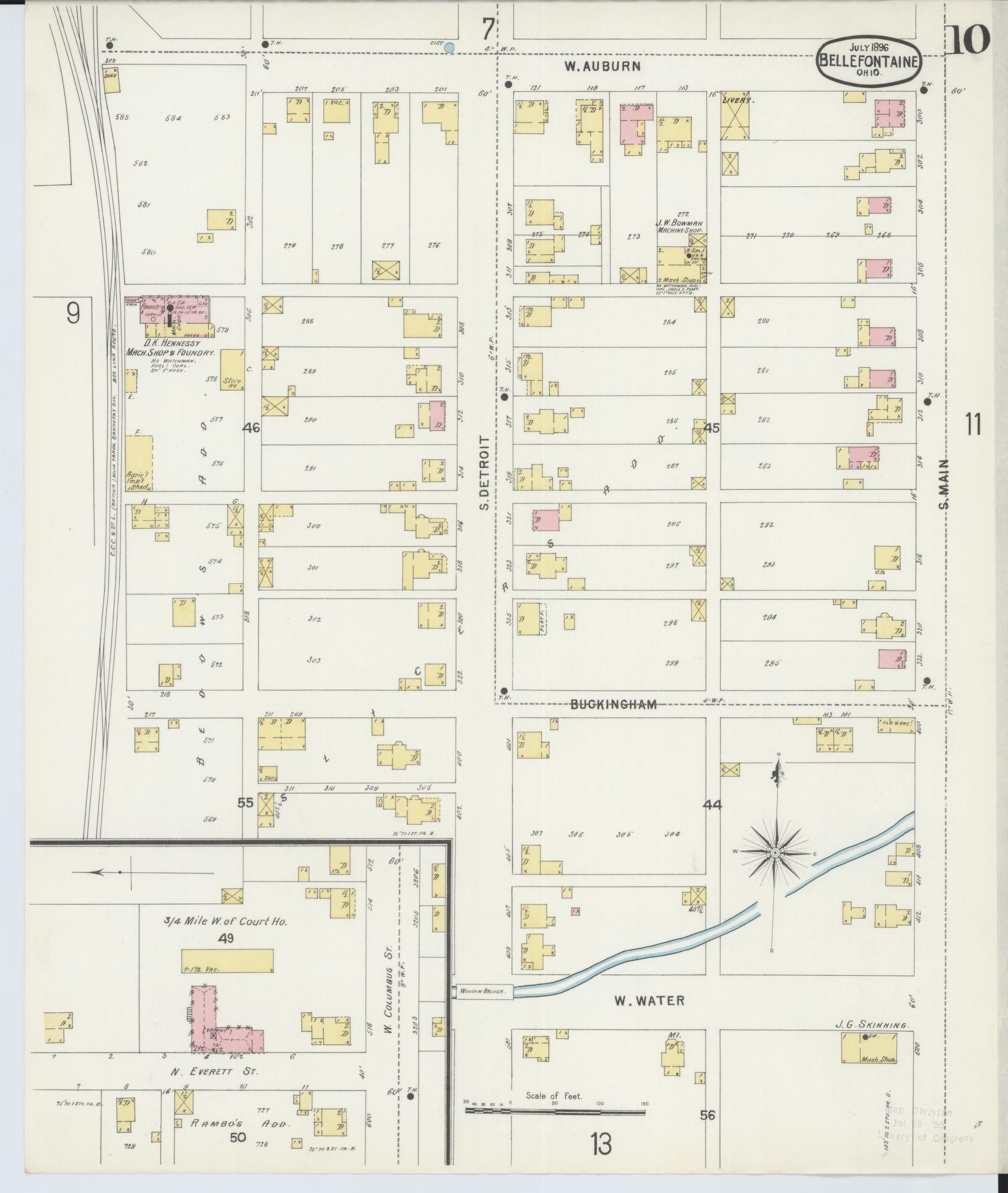 Sanborn Fire Insurance Map from Bellefontaine, Logan County, Ohio (1896), Sheet #0010 - Historic Sanborn Fire Insurance Map Print, vintage old map wall art, antique decor, genealogy gift, Ohio Ohio map
