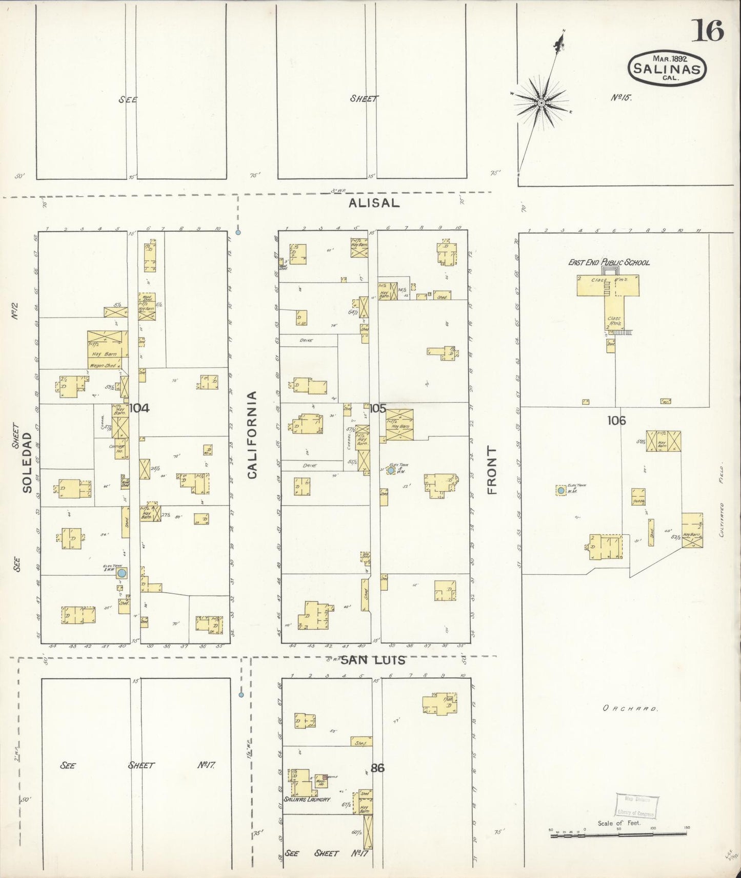 Sanborn Fire Insurance Map from Salinas, Monterey County, California (1892), Sheet #0016 - Complete Map Set gallery image, historic Sanborn map, vintage wall art, California California