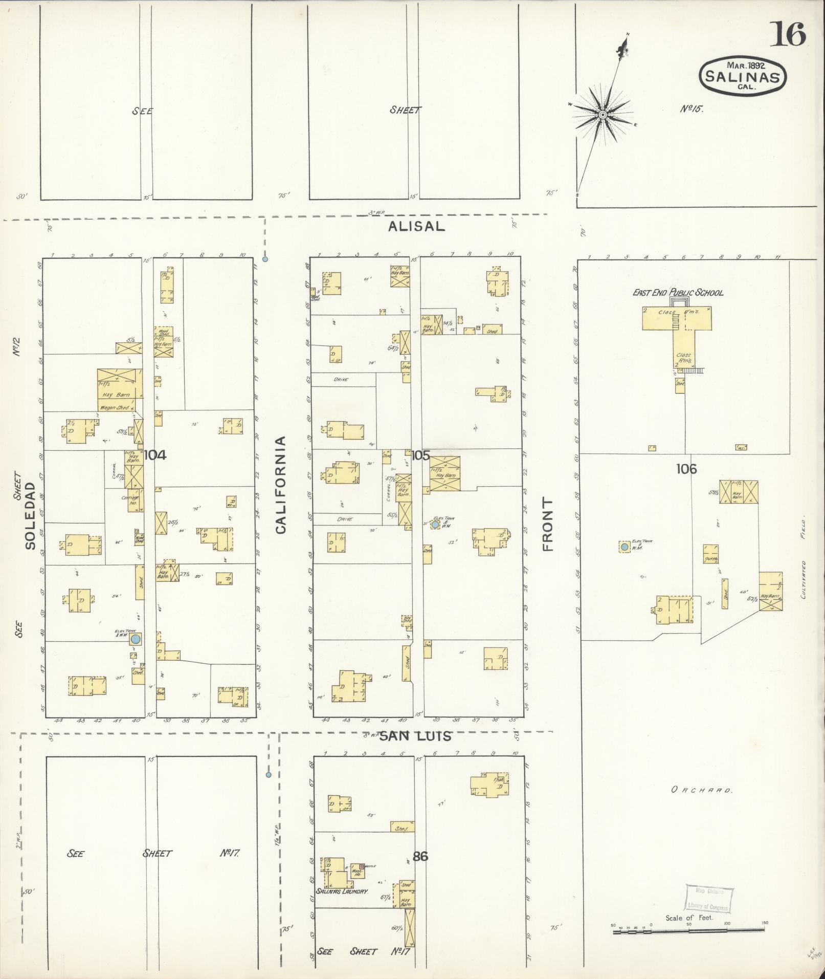 Sanborn Fire Insurance Map from Salinas, Monterey County, California (1892), Sheet #0016 - Complete Map Set gallery image, historic Sanborn map, vintage wall art, California California