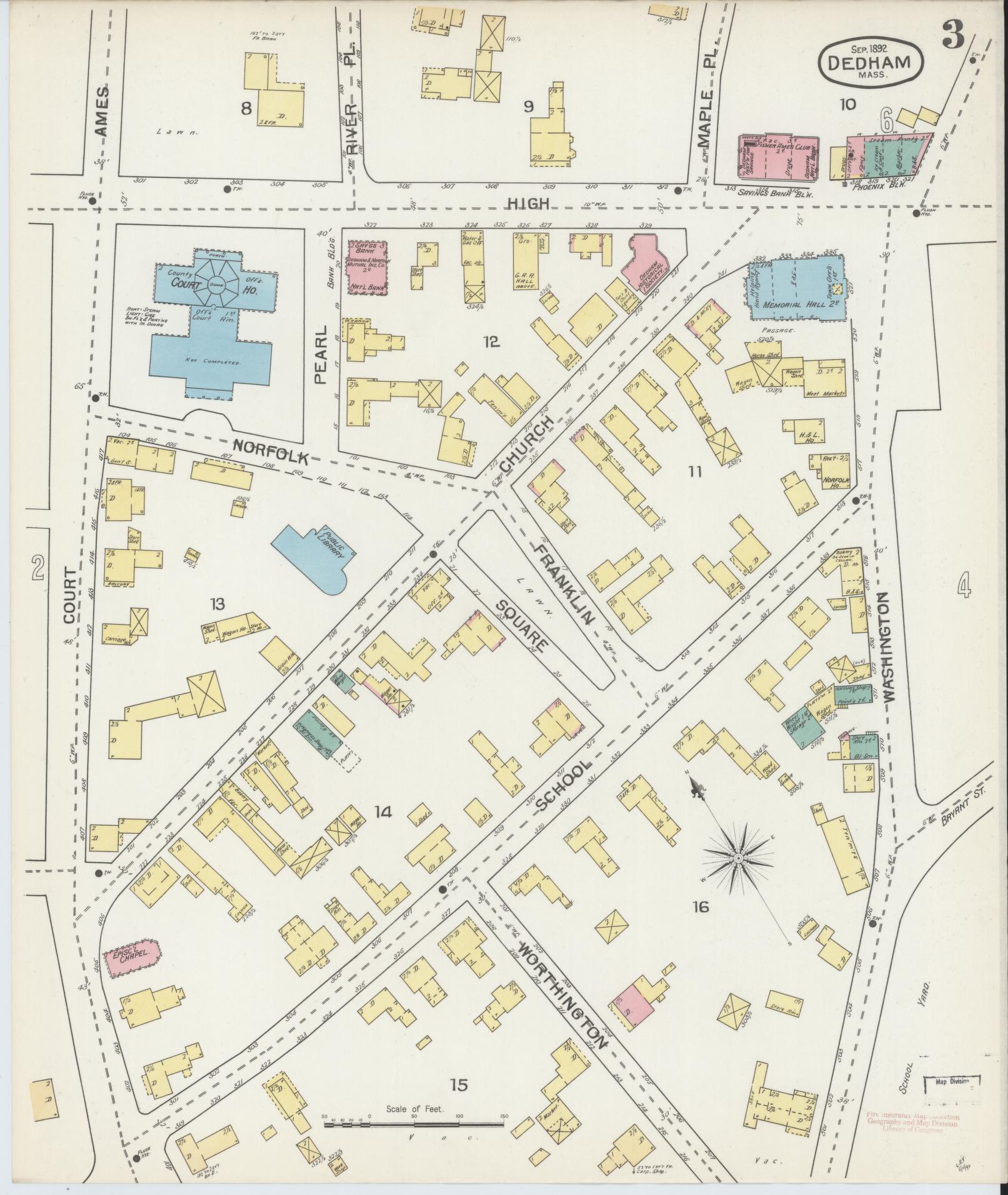 Sanborn Fire Insurance Map from Dedham, Norfolk County, Massachusetts (1892), Sheet #0003 - Historic Sanborn Fire Insurance Map Print, vintage old map wall art, antique decor, genealogy gift, Massachusetts Massachusetts map