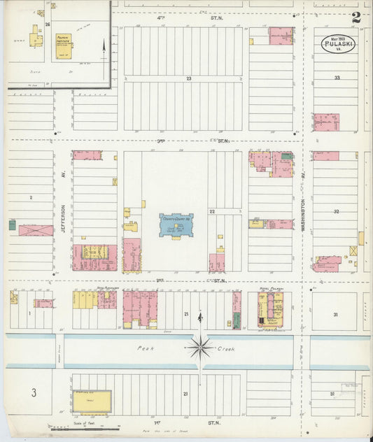 Sanborn Fire Insurance Map from Pulaski, Pulaski County, Virginia (1903), Sheet #0002 - Historic Sanborn Fire Insurance Map Print, vintage old map wall art, antique decor, genealogy gift, Virginia Virginia map