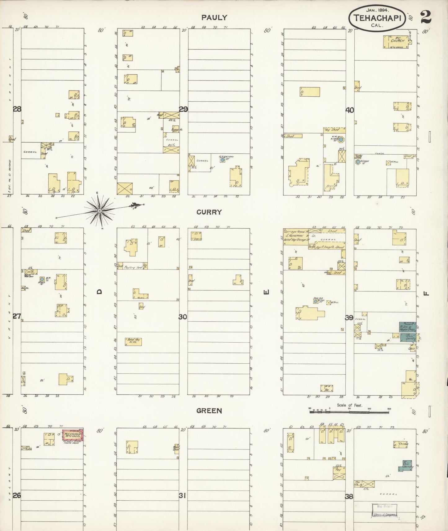 Sanborn Fire Insurance Map from Tehachapi, Kern County, California (1894), Sheet #0002 - Complete Map Set gallery image, historic Sanborn map, vintage wall art, California California