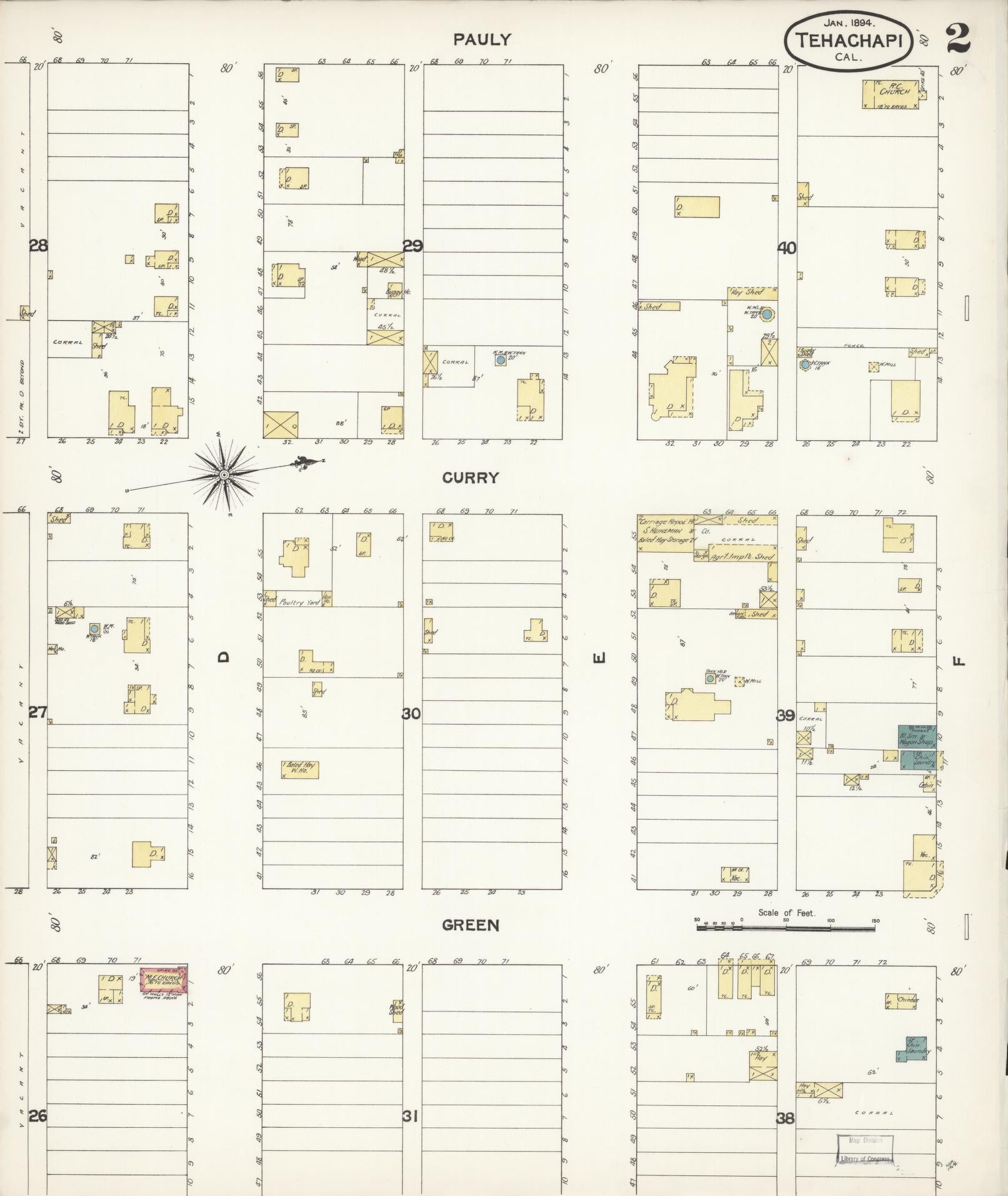 Sanborn Fire Insurance Map from Tehachapi, Kern County, California (1894), Sheet #0002 - Complete Map Set gallery image, historic Sanborn map, vintage wall art, California California