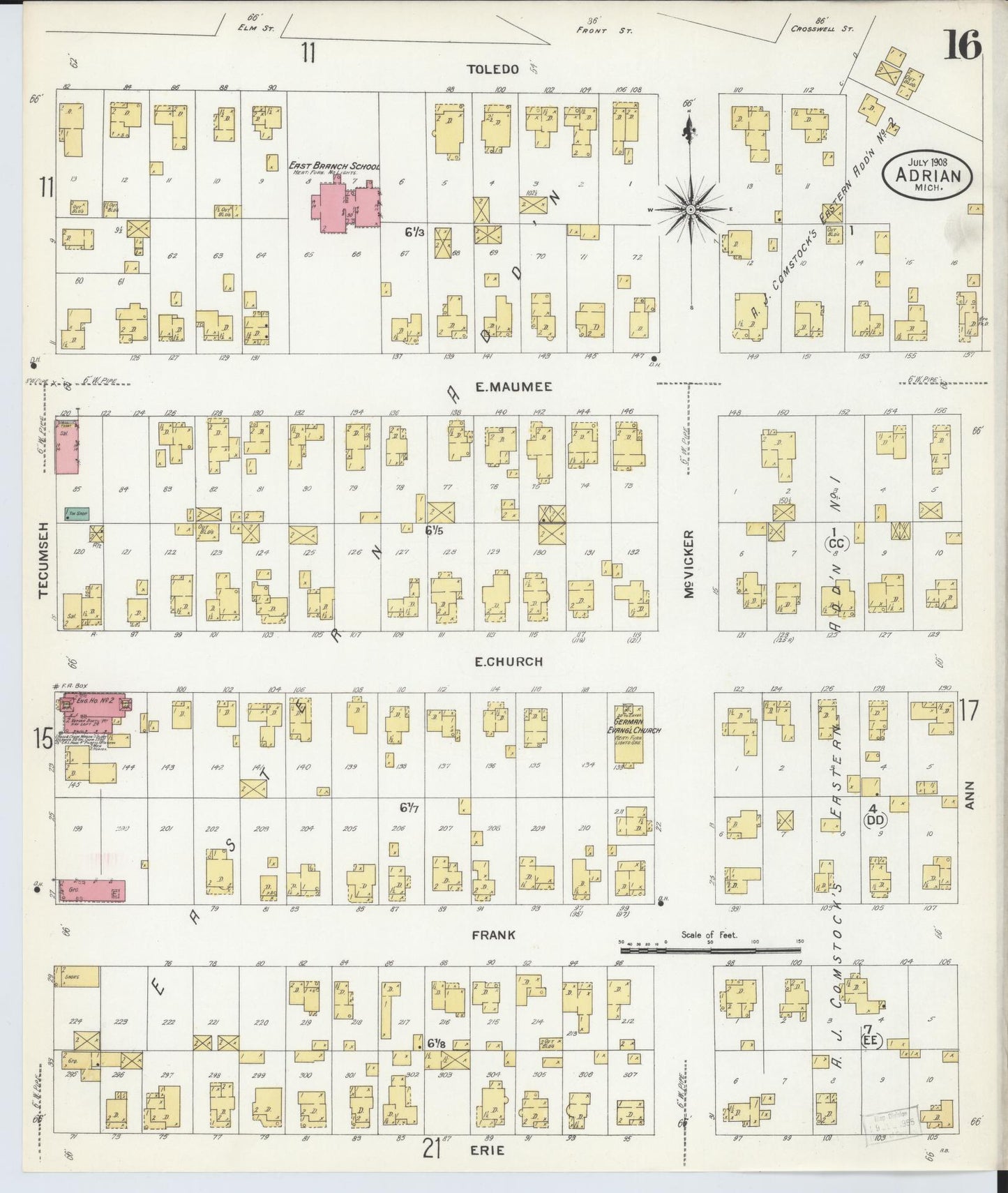 Sanborn Fire Insurance Map from Adrian, Lenawee County, Michigan (1908), Sheet #0016 - Complete Map Set gallery image, historic Sanborn map, vintage wall art, Michigan Michigan