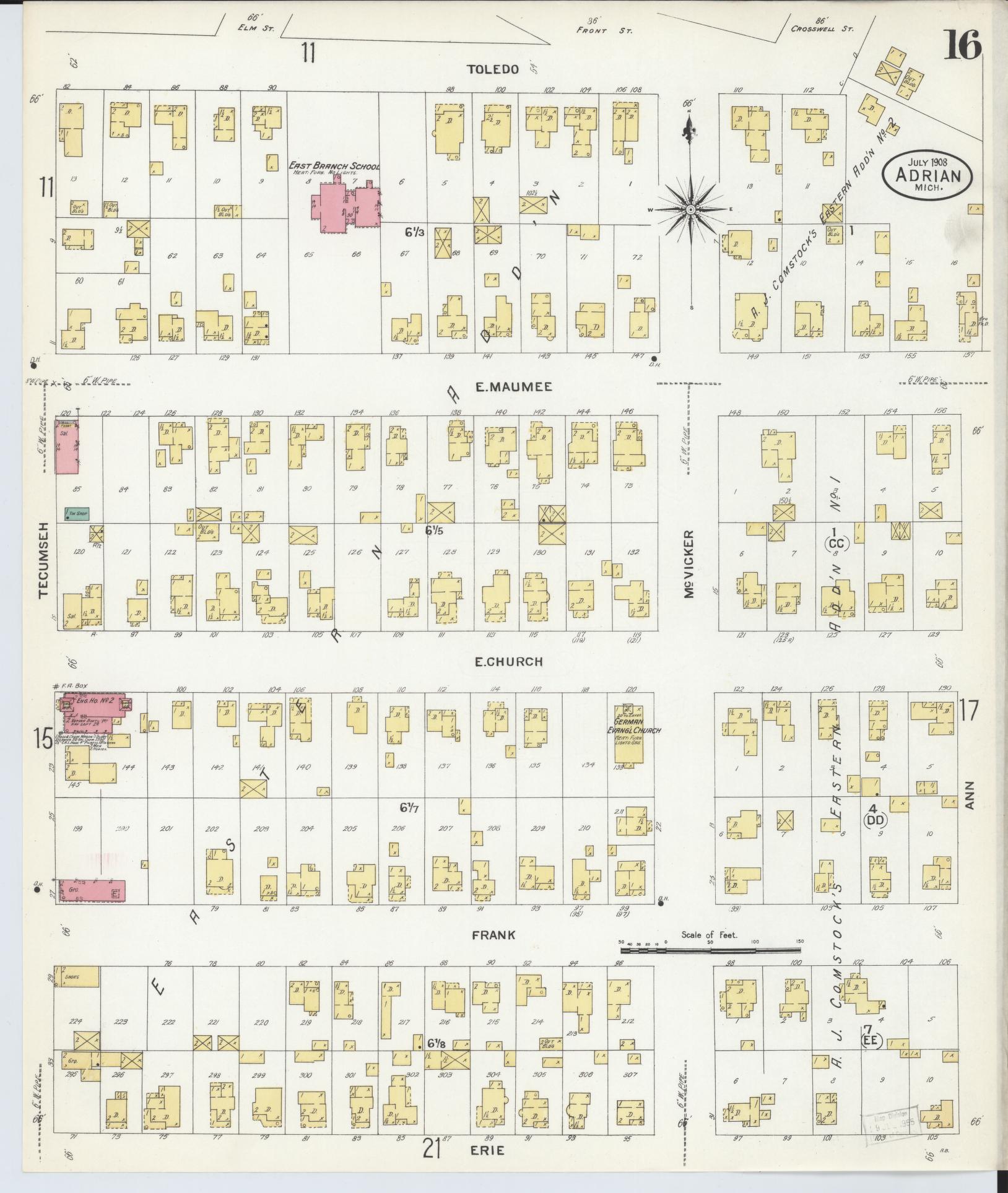Sanborn Fire Insurance Map from Adrian, Lenawee County, Michigan (1908), Sheet #0016 - Complete Map Set gallery image, historic Sanborn map, vintage wall art, Michigan Michigan