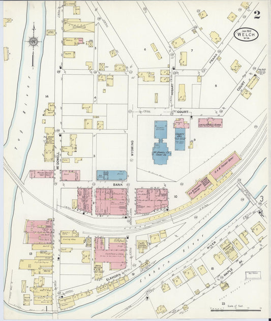 Sanborn Fire Insurance Map from Welch, Mcdowell County, West Virginia (1912), Sheet #0002 - Historic Sanborn Fire Insurance Map Print, vintage old map wall art, antique decor, genealogy gift, West Virginia West Virginia map