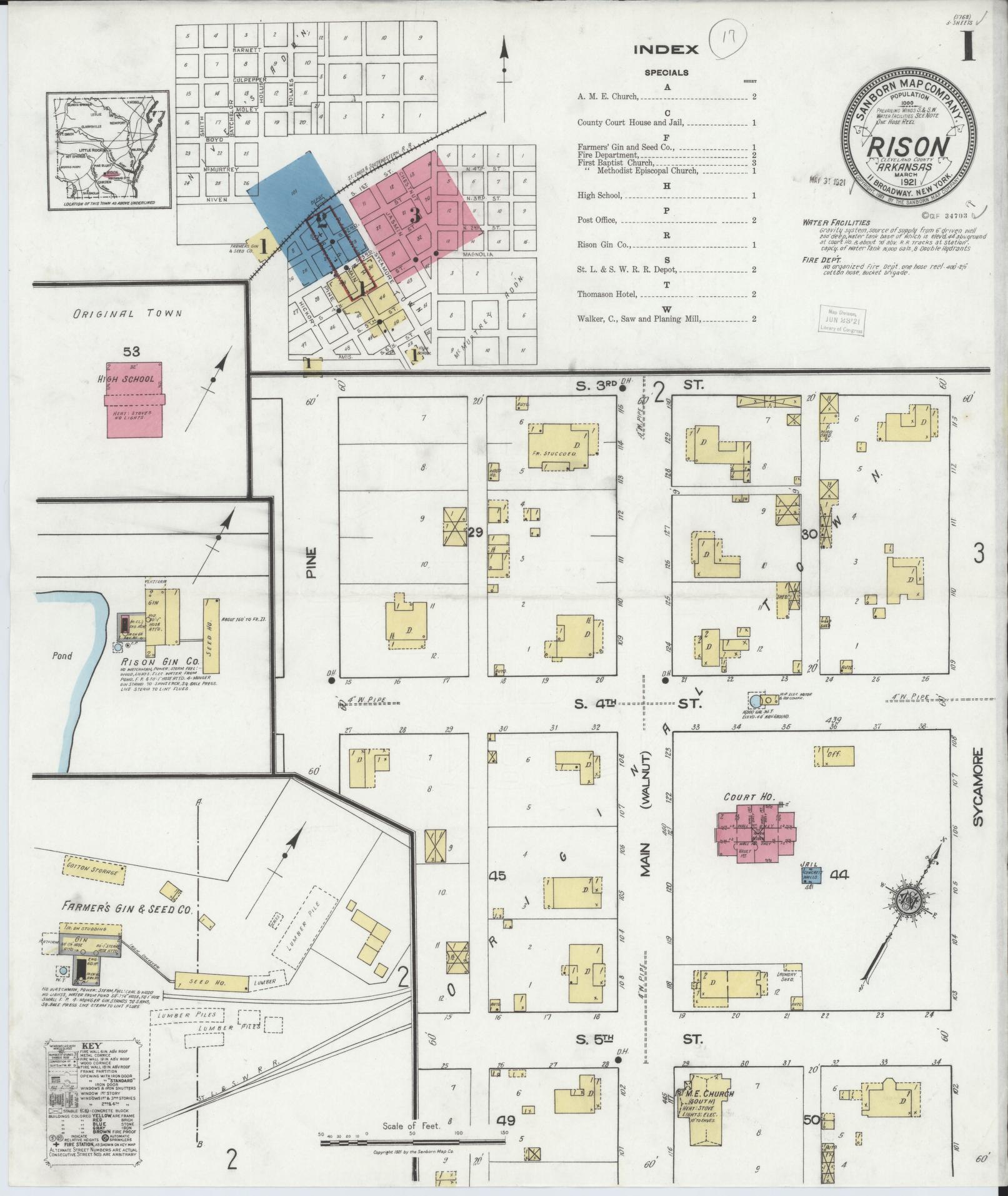 Sanborn Fire Insurance Map from Rison, Cleveland County, Arkansas (1921), Sheet #0001 - Historic Sanborn Fire Insurance Map Print, vintage old map wall art, antique decor, genealogy gift, Arkansas Arkansas map