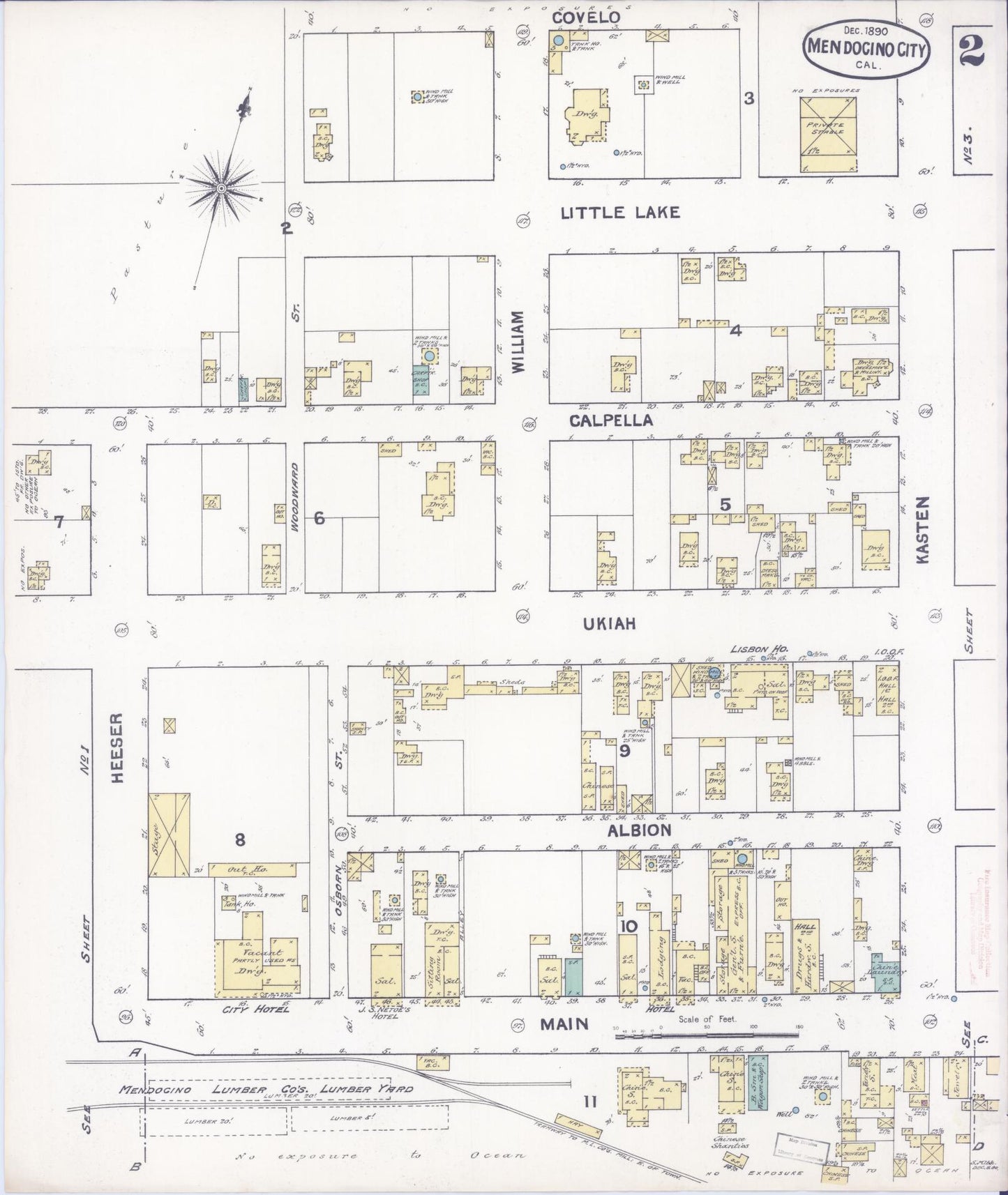 Sanborn Fire Insurance Map from Mendocino, Mendocino County, California (1890), Sheet #0002 - Historic Sanborn Fire Insurance Map Print, vintage old map wall art, antique decor, genealogy gift, California California map