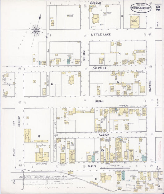 Sanborn Fire Insurance Map from Mendocino, Mendocino County, California (1890), Sheet #0002 - Historic Sanborn Fire Insurance Map Print, vintage old map wall art, antique decor, genealogy gift, California California map