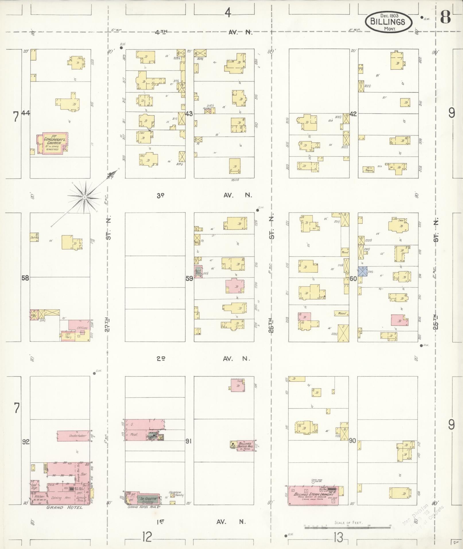 Sanborn Fire Insurance Map from Billings, Yellowstone County, Montana (1903), Sheet #0008 - Historic Sanborn Fire Insurance Map Print, vintage old map wall art, antique decor, genealogy gift, Montana Montana map
