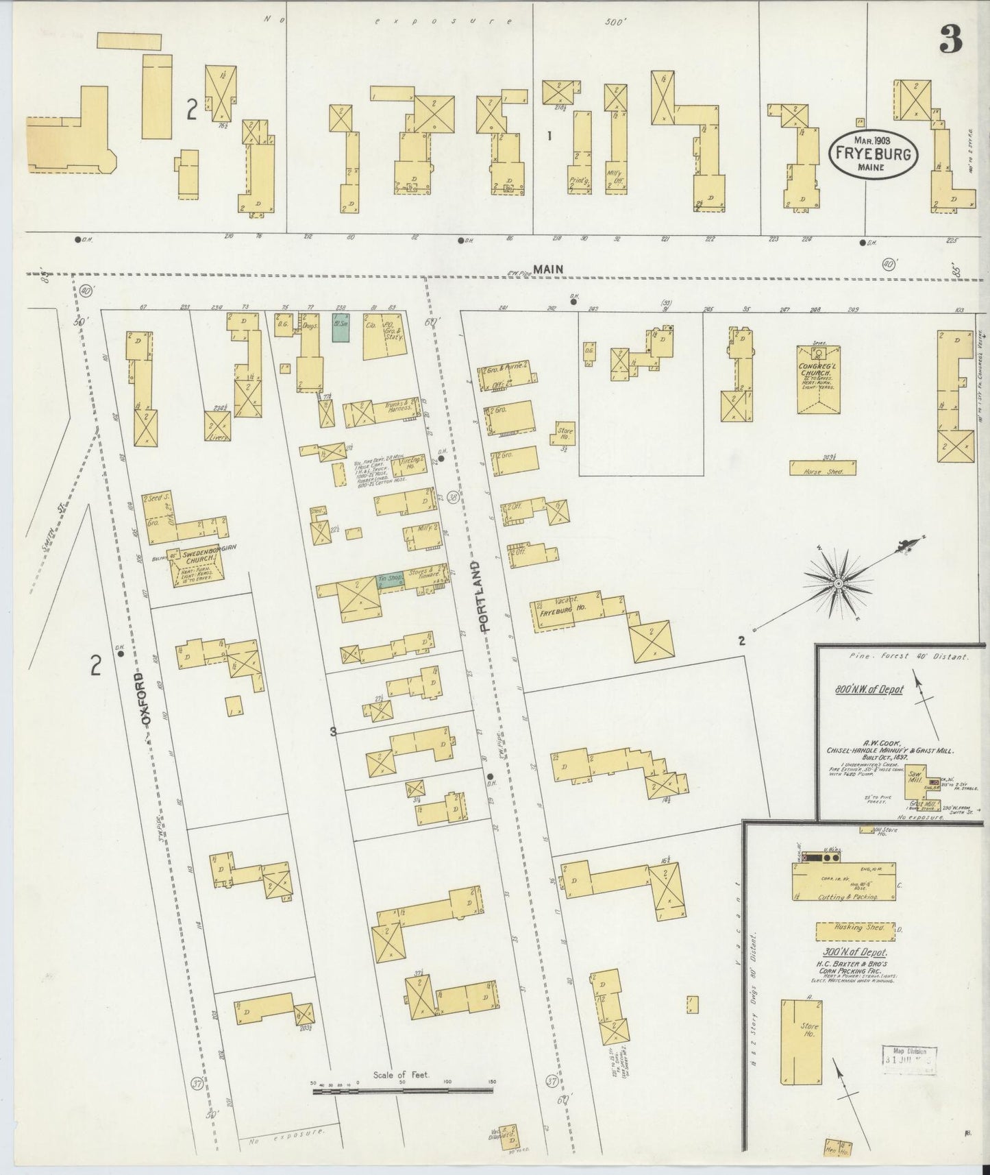Sanborn Fire Insurance Map from Fryeburg, Oxford County, Maine (1903), Sheet #0003 - Historic Sanborn Fire Insurance Map Print, vintage old map wall art, antique decor, genealogy gift, Maine Maine map