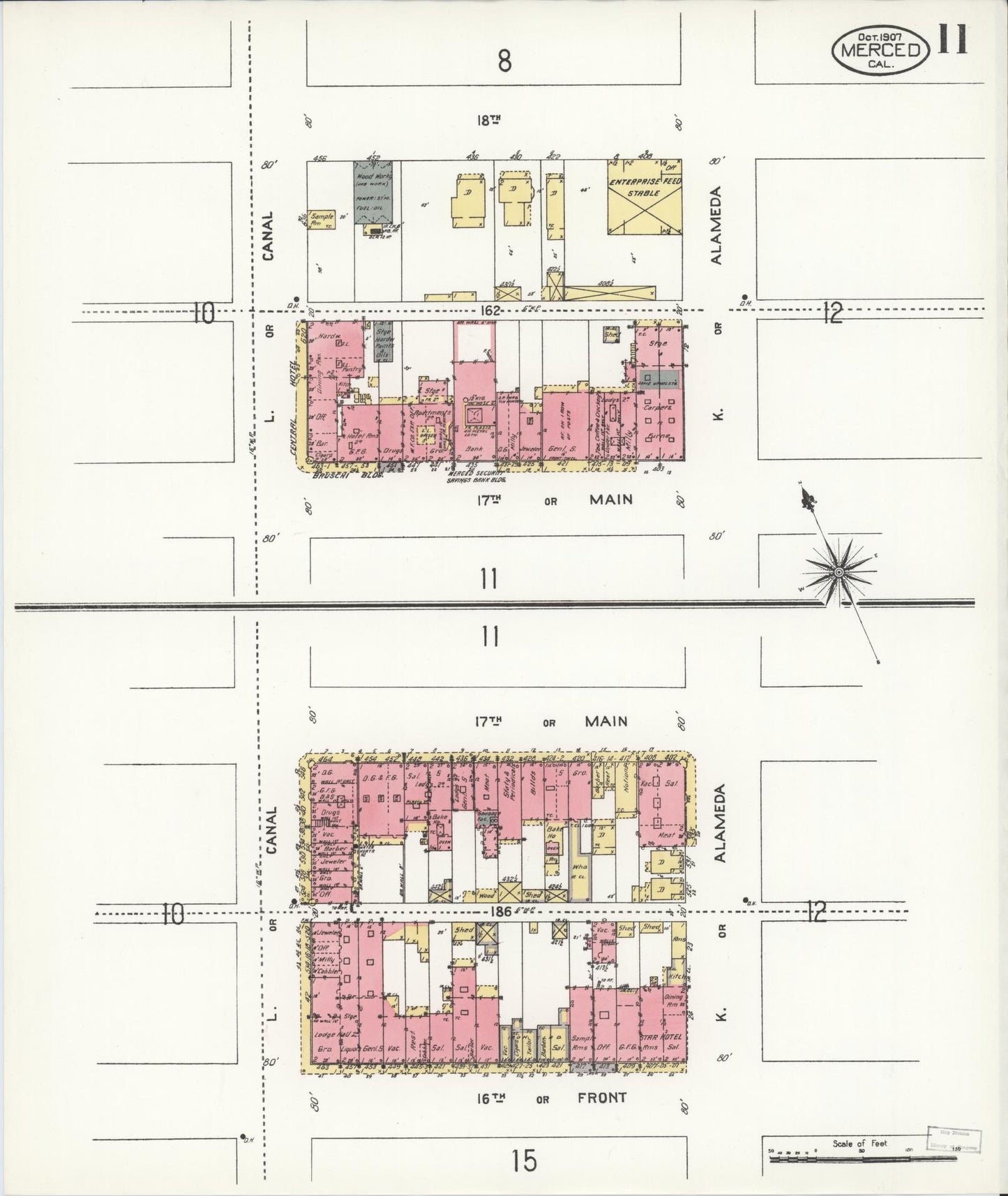 Sanborn Fire Insurance Map from Merced, Merced County, California (1907), Sheet #0011 - Historic Sanborn Fire Insurance Map Print, vintage old map wall art, antique decor, genealogy gift, California California map