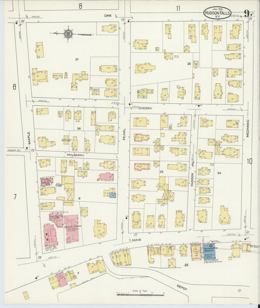 Sanborn Fire Insurance Map from Hudson Falls, Washington County, New York (1913), Sheet #0009 - Historic Sanborn Fire Insurance Map Print, vintage old map wall art, antique decor, genealogy gift, New York New York map