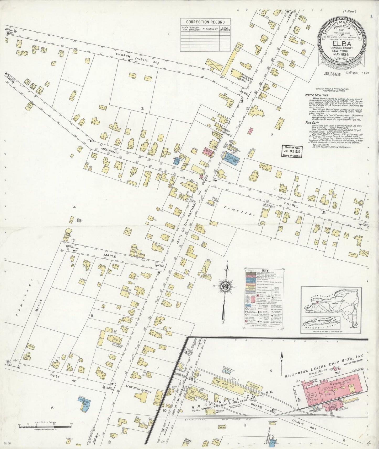Sanborn Fire Insurance Map from Elba, Genesee County, New York (1936), Sheet #0001 - Historic Sanborn Fire Insurance Map Print, vintage old map wall art, antique decor, genealogy gift, New York New York map