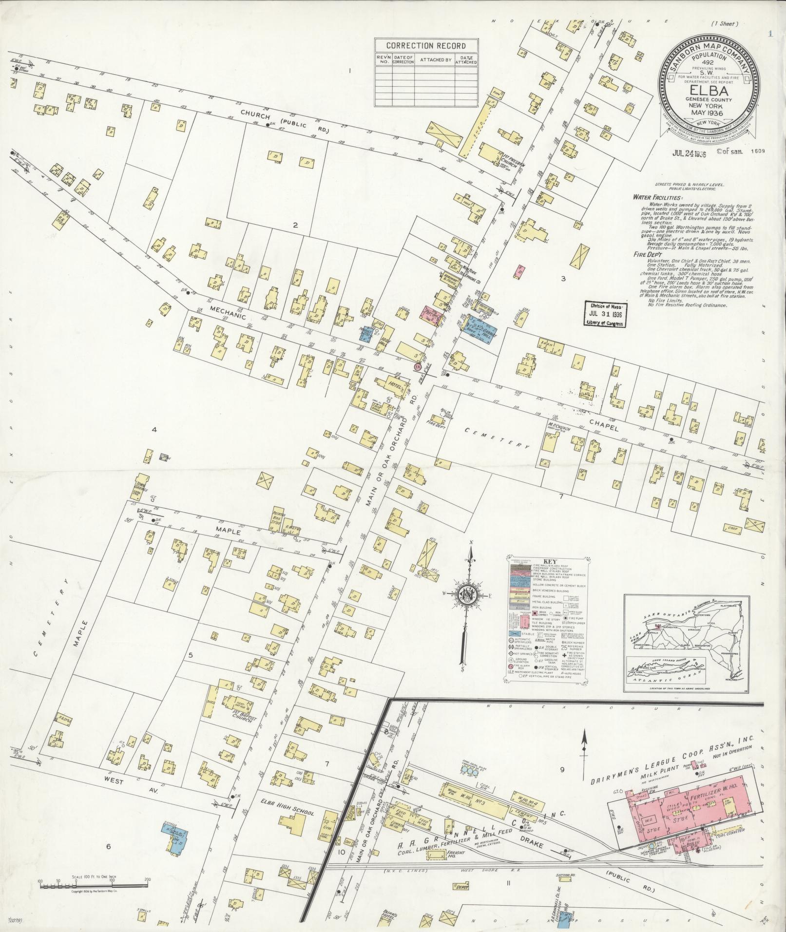 Sanborn Fire Insurance Map from Elba, Genesee County, New York (1936), Sheet #0001 - Historic Sanborn Fire Insurance Map Print, vintage old map wall art, antique decor, genealogy gift, New York New York map