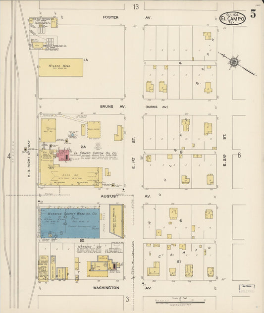 Sanborn Fire Insurance Map from El Campo, Wharton County, Texas (1922), Sheet #0005 - Historic Sanborn Fire Insurance Map Print, vintage old map wall art, antique decor, genealogy gift, Texas Texas map